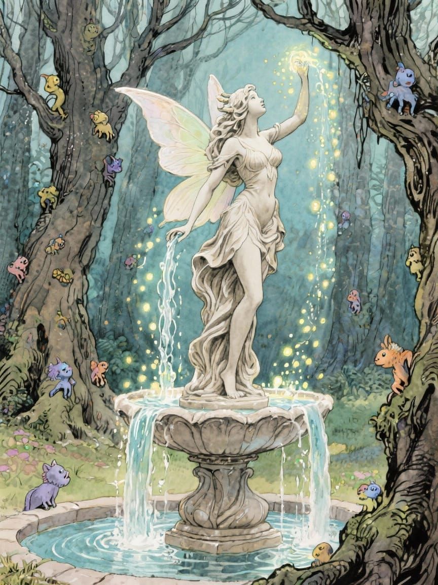 Enchanted Forest Fountain With Fairy Statue