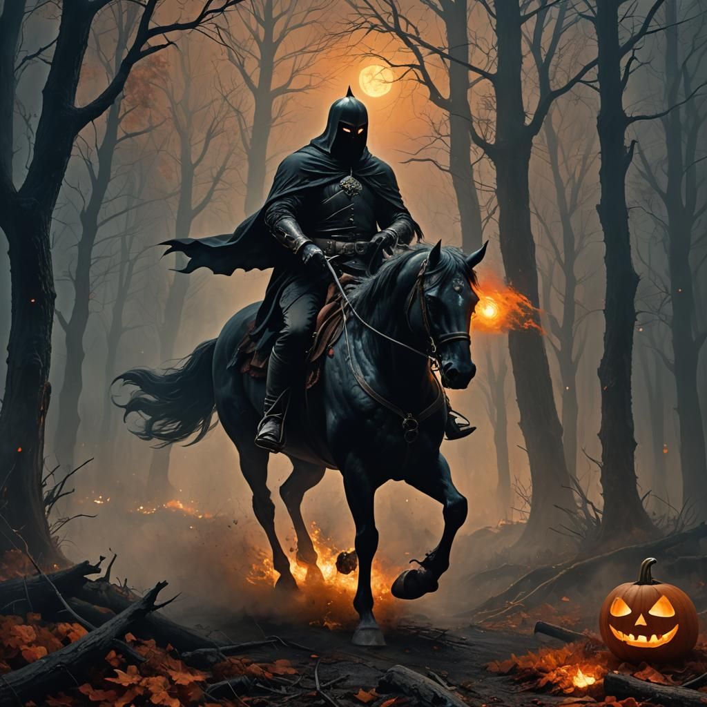 Headless Horseman in Misty Forest: Dark Fantasy