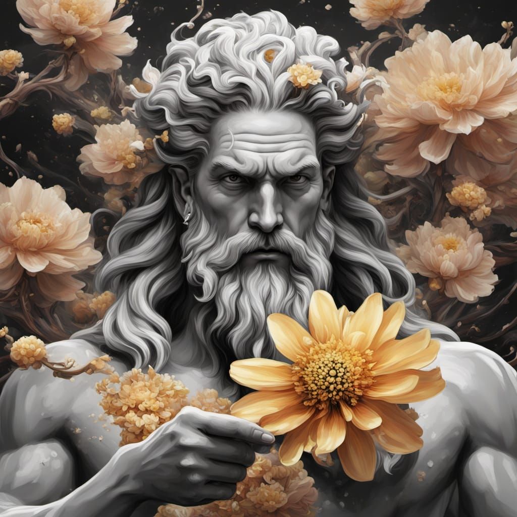 Zeus Holding Honey Flower in Abstract Surrealism
