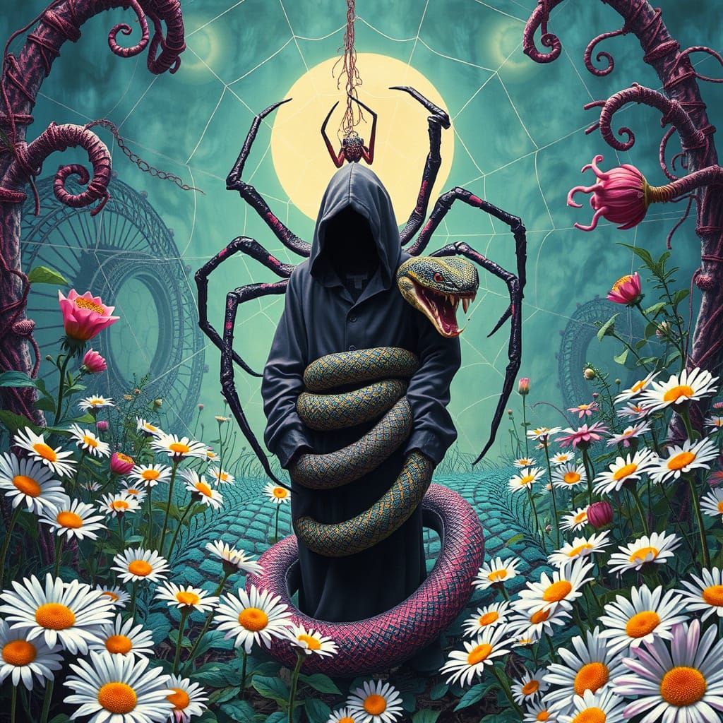 Surreal Goth Garden with Spider and Snake