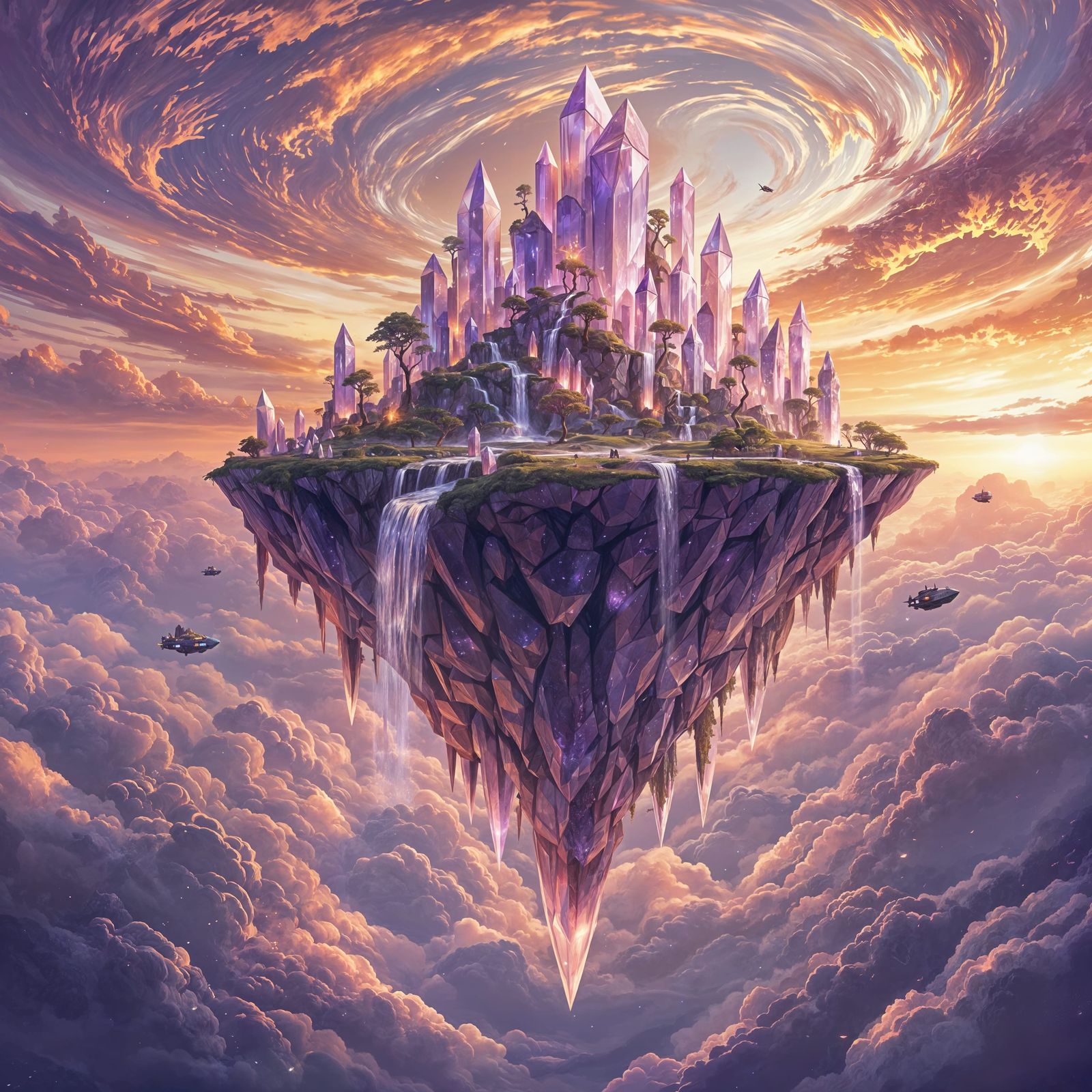 Ethereal Amethyst Isle Soars Through Sunset Skies