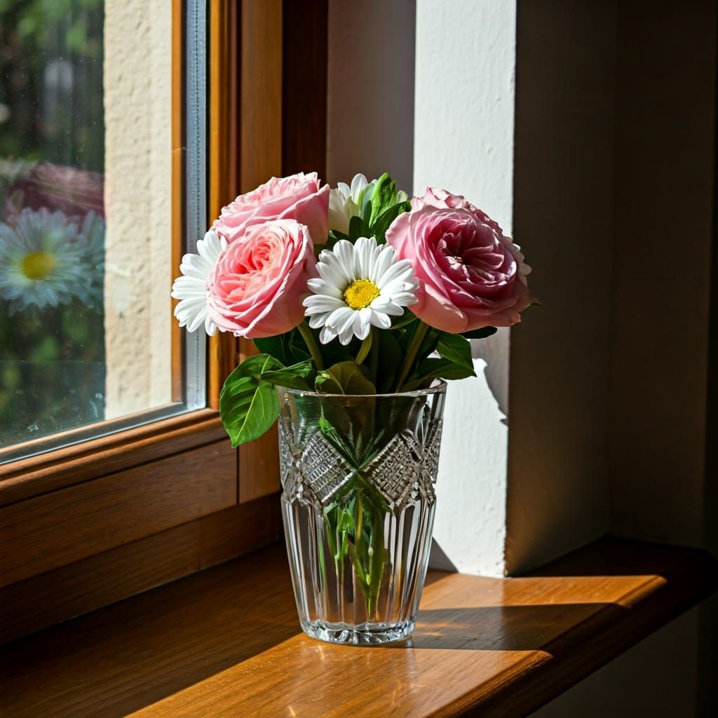Sunlit Flowers in Crystal Vase with Rainbow Refraction