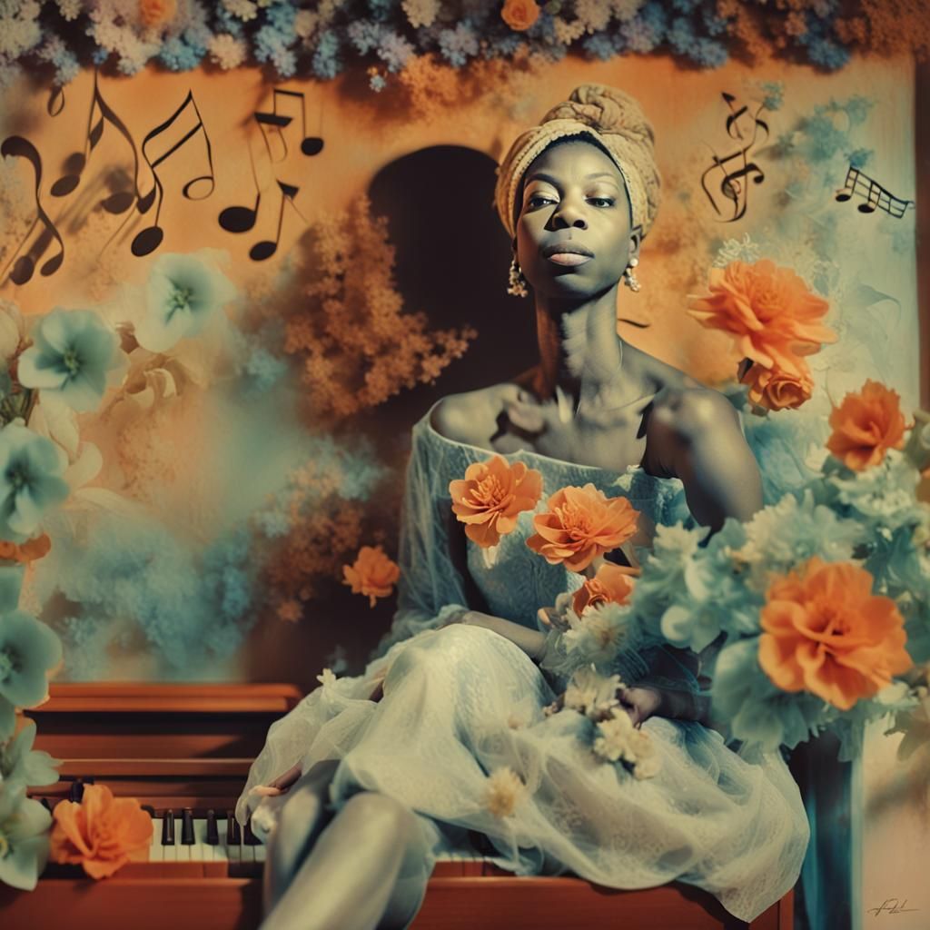 Nina Simone Surreal Portrait with Flowers and Music