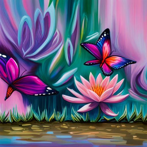 Butterflies and Water Lilies in Graffiti Art Style