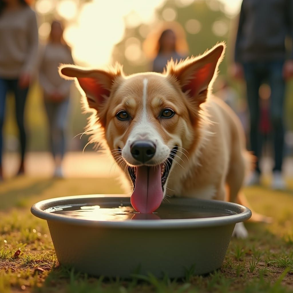 Joyful Dog Drinking Water in Sunny Park