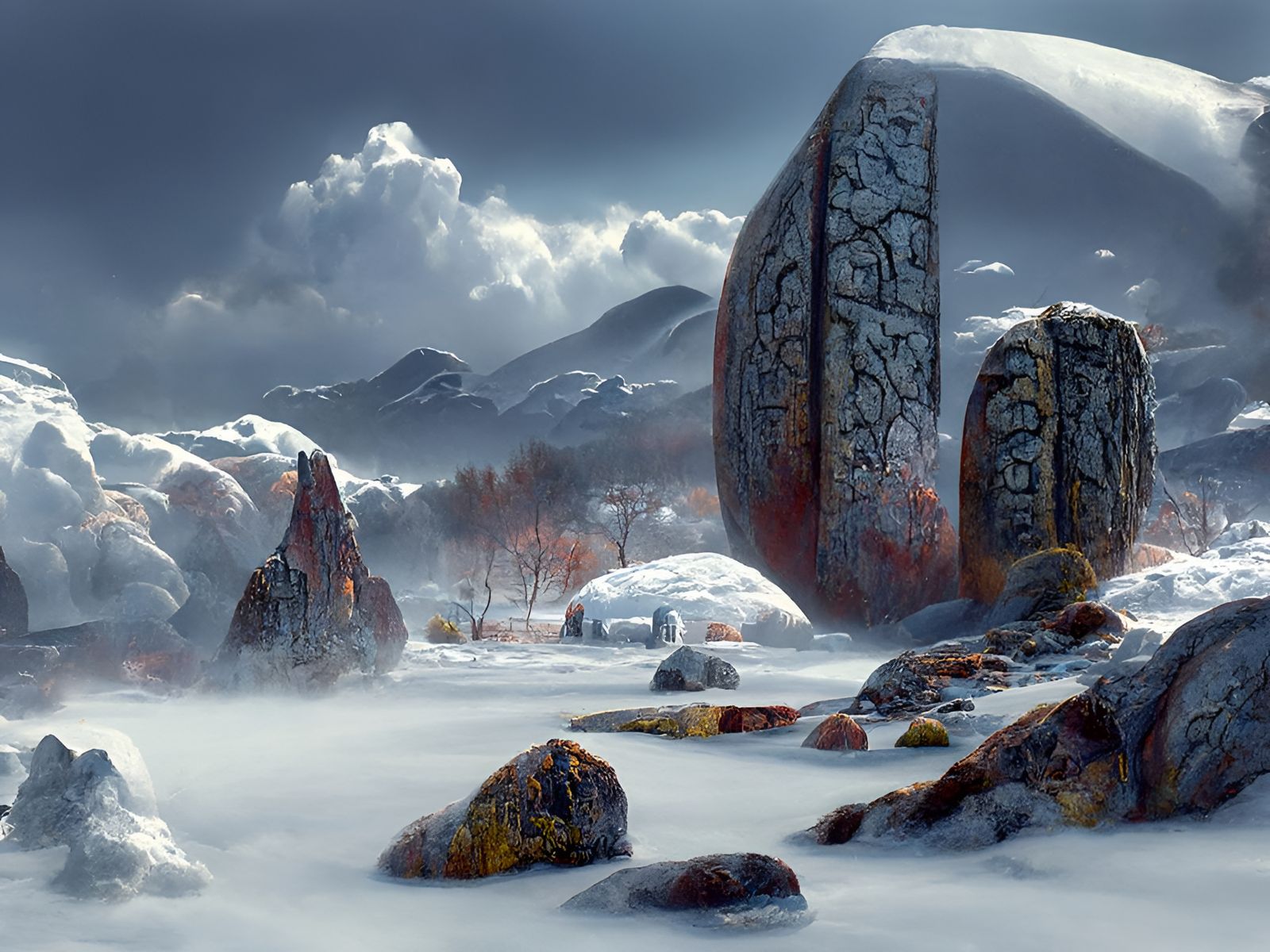 Runestones in Snowy Tundra Landscape