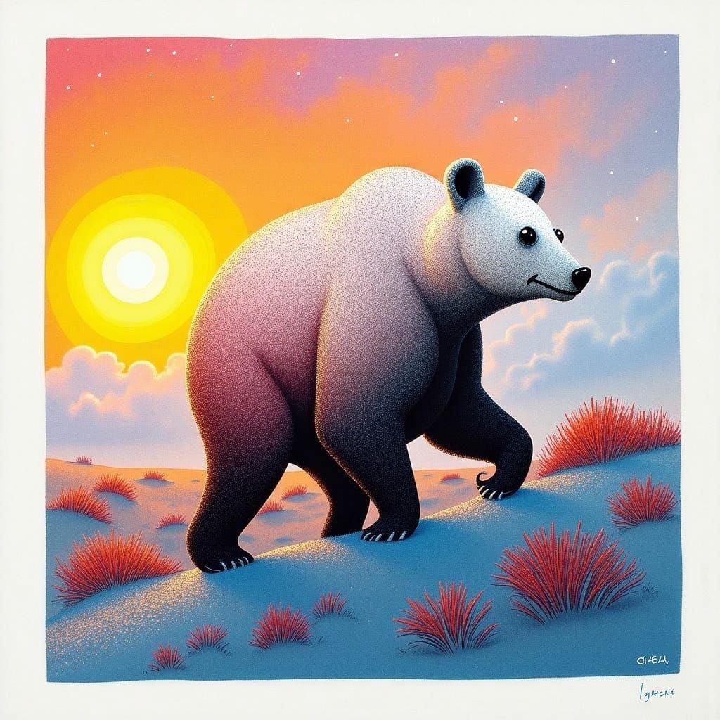 Spirit Bear Portrait Crossing Tundra in Alcohol Ink Style