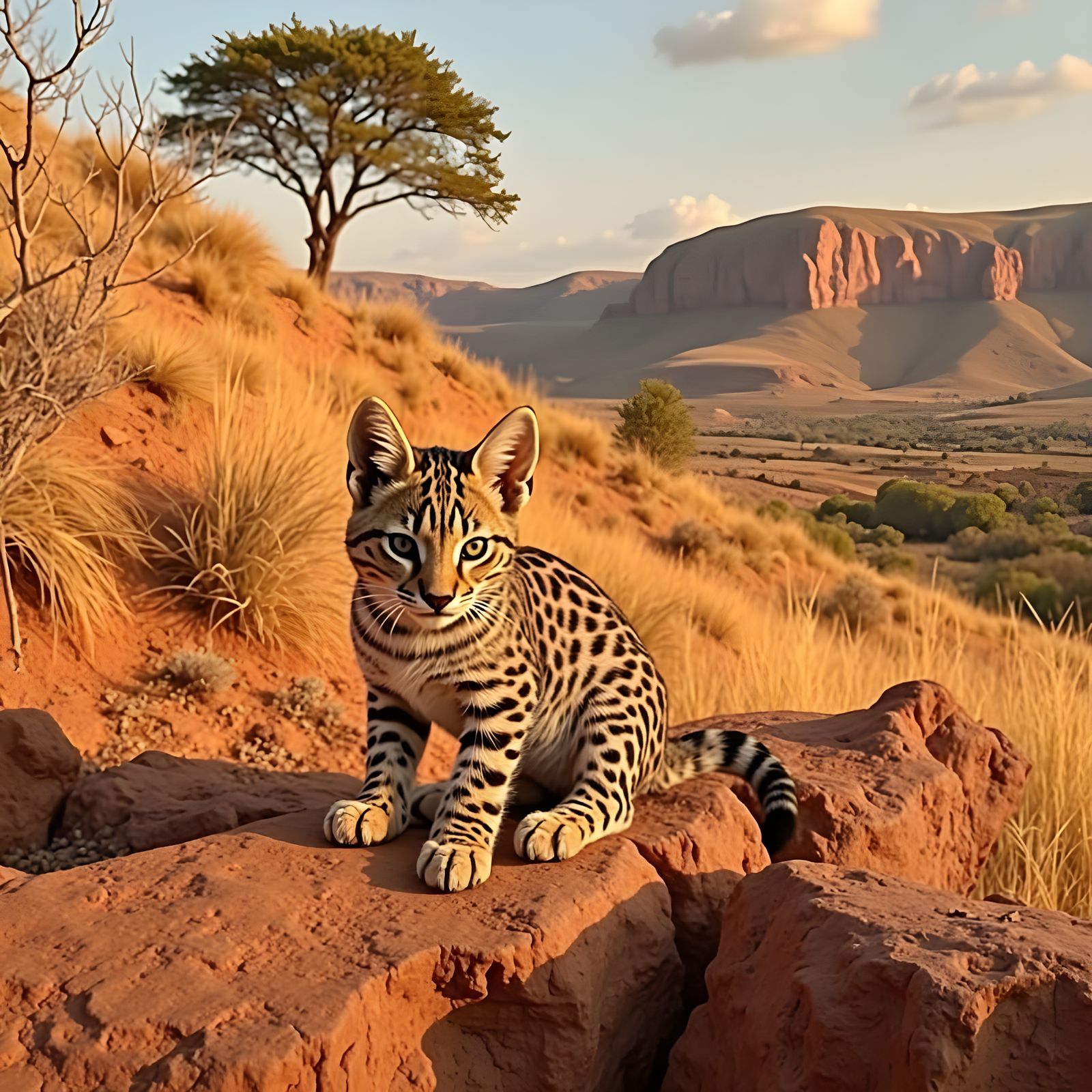African Wild Cat Kitten in Magaliesberg Landscape