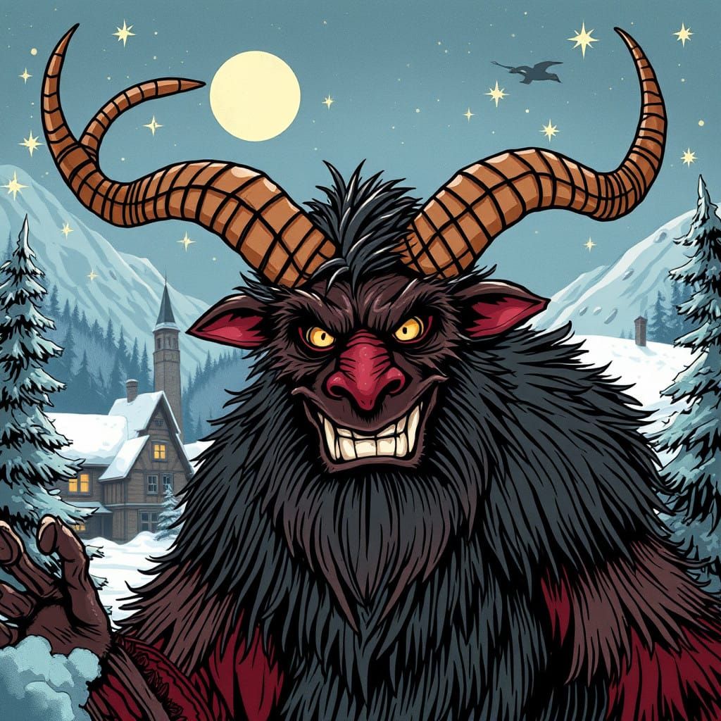 Whimsical Krampus in an Alpine Village Scene