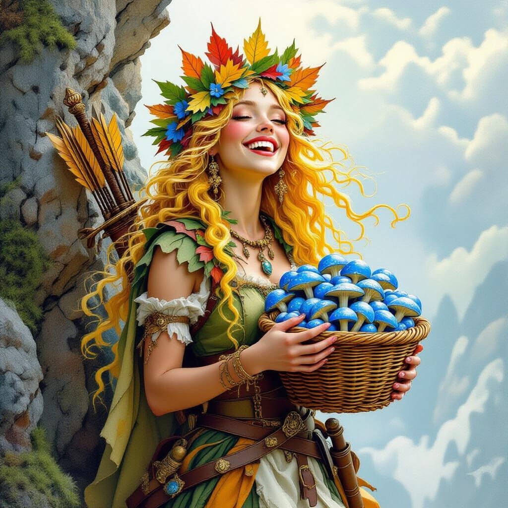 Mushroom Goddess with Basket of Blue Mushrooms