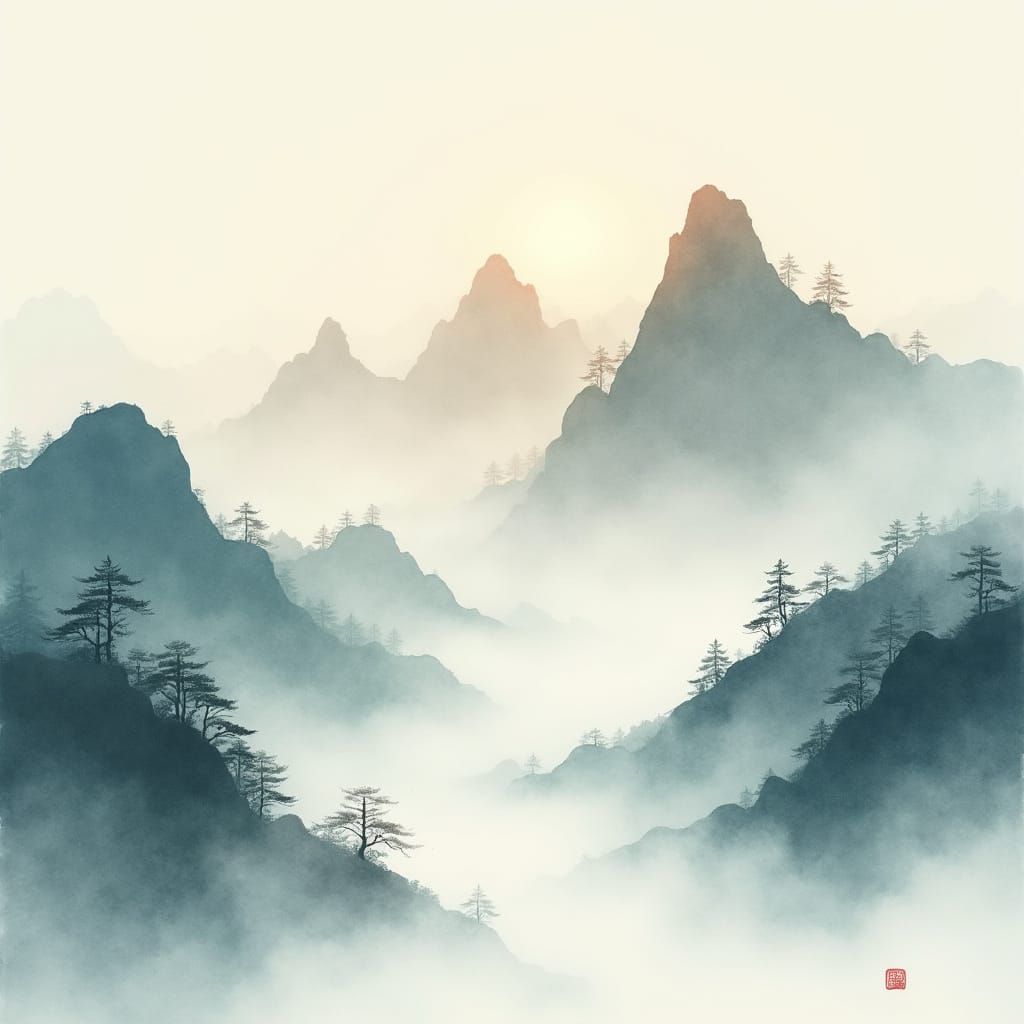 Dreamy Chinese Mountains in Delicate Watercolor