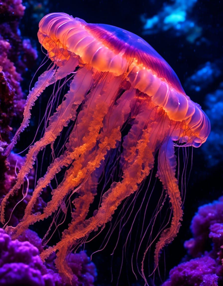 Bioluminescent Jellyfish in Coral Reef, Dichroic Flashing