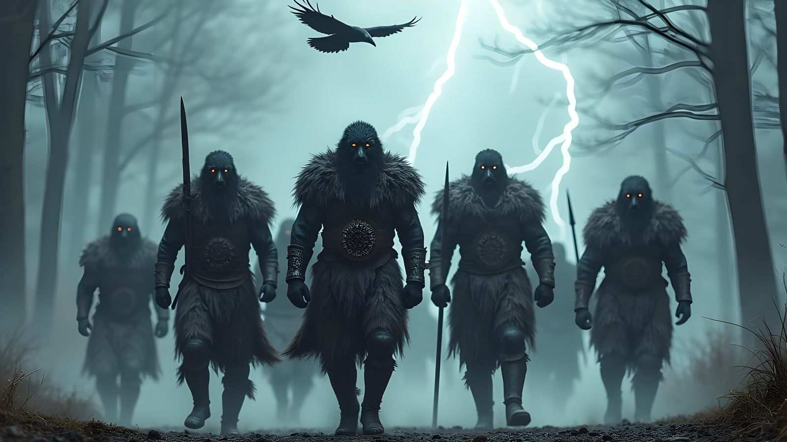 Viking Warriors Emerge from Misty Forest in Eternal Battle