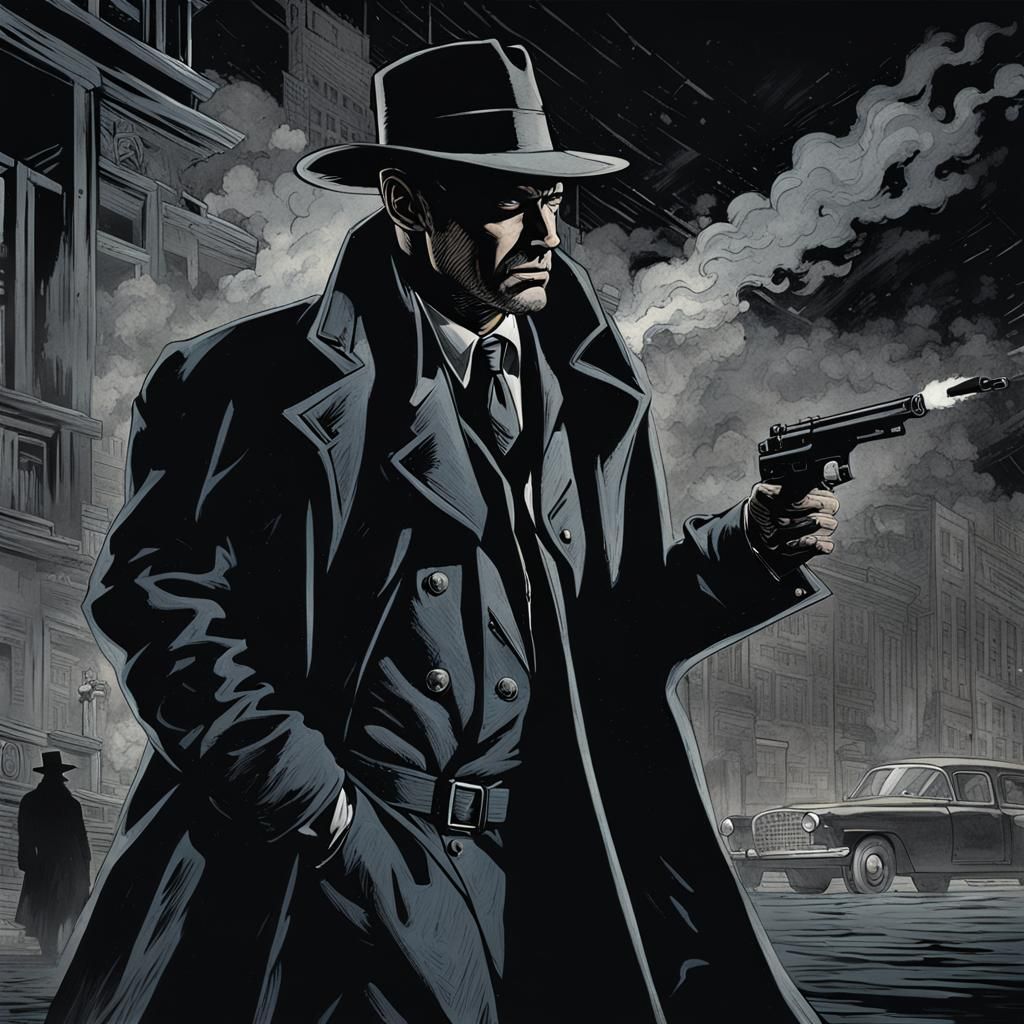 Smoke-Shrouded Crime Fighter in Film Noir Style