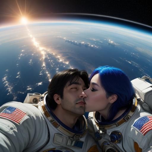 Astronauts Kiss in Space: A Surreal Oil Painting