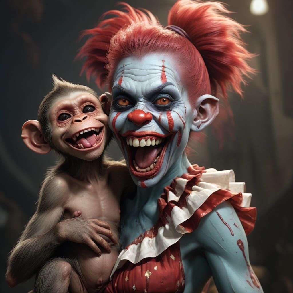 Cyberpunk Horror Portrait of a Mad Clown Mother with her Dem...