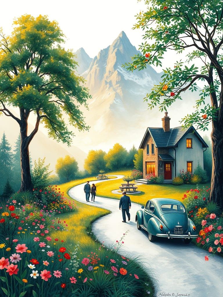 Idyllic Impressionist Landscape with Vibrant Blooms and Maje...