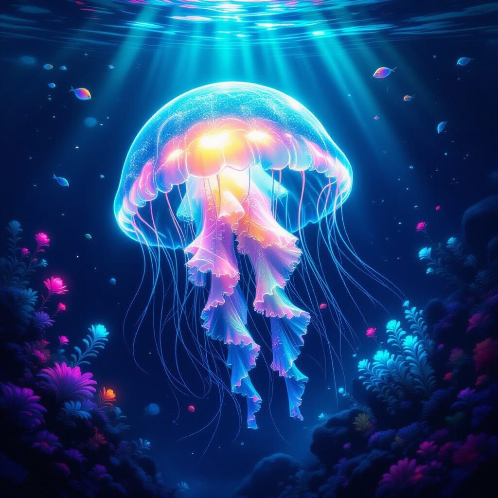 Bioluminescent Jellyfish of Liquid Light in Alien Ocean Dept...