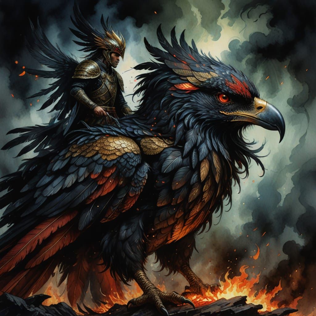 Warrior Sorcerer Riding Metal Phoenix Watercolor Painting