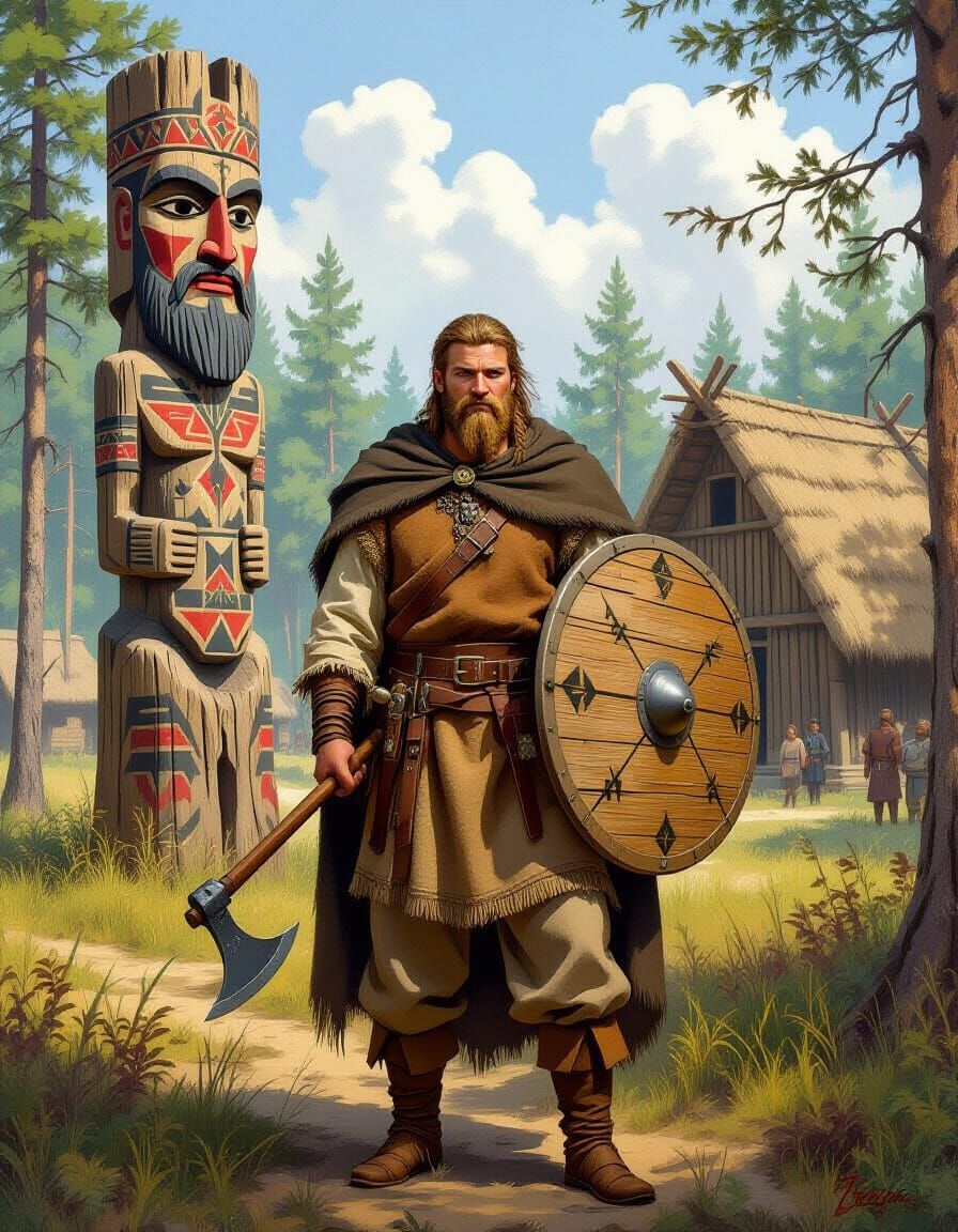 Slavic Warrior in Forest Clearing with Idol