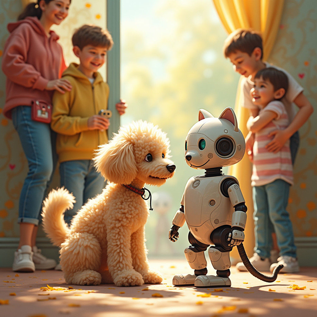 Poodle and Robot Cat in Rockwell-esque Scene