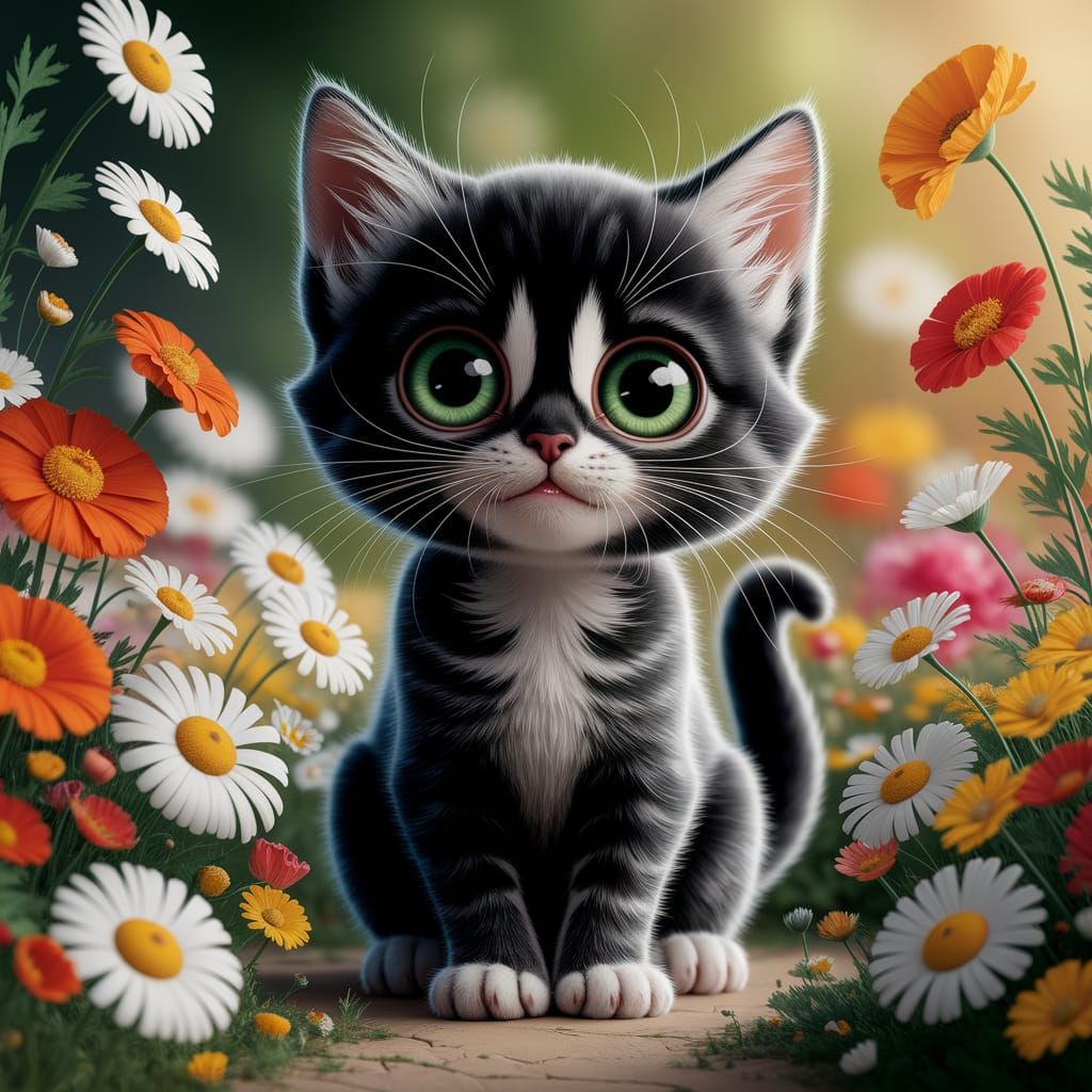 Cute Black Kitten in Wildflower Field, Digital Art