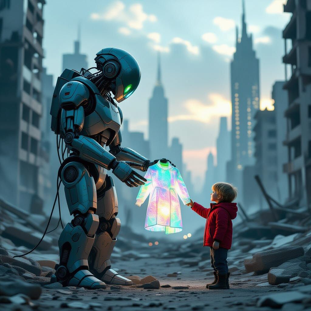 Gentle Giant Robot Offers Alien Coat to Child in Ruined City