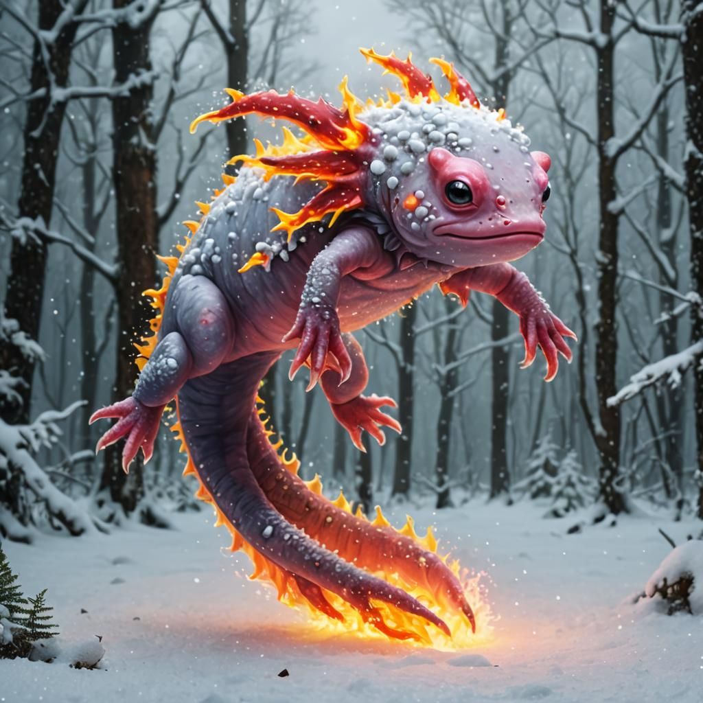 Majestic Flaming Axolotl Adorns Winter Wonderland