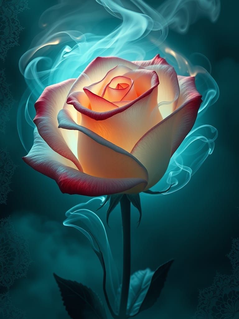 A delicate, translucent rose composed of swirling smoke tendrils, its petals softly glowing with an ethereal, biolumines...