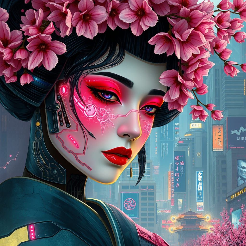 Cybernetic Geisha in Art Nouveau Cyberpunk Style