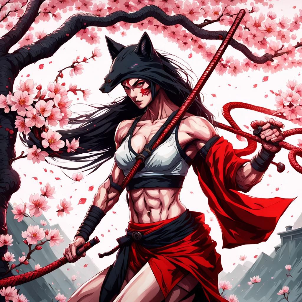 Athletic Snake Wolf Ninja in Cherry Blossom Garden