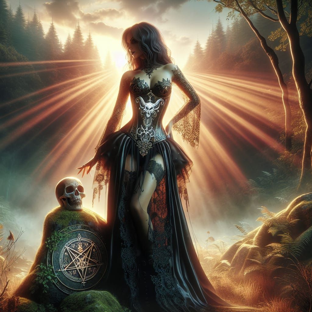 Woman in Pentagram Corset, Forest Sunset, Matte Painting