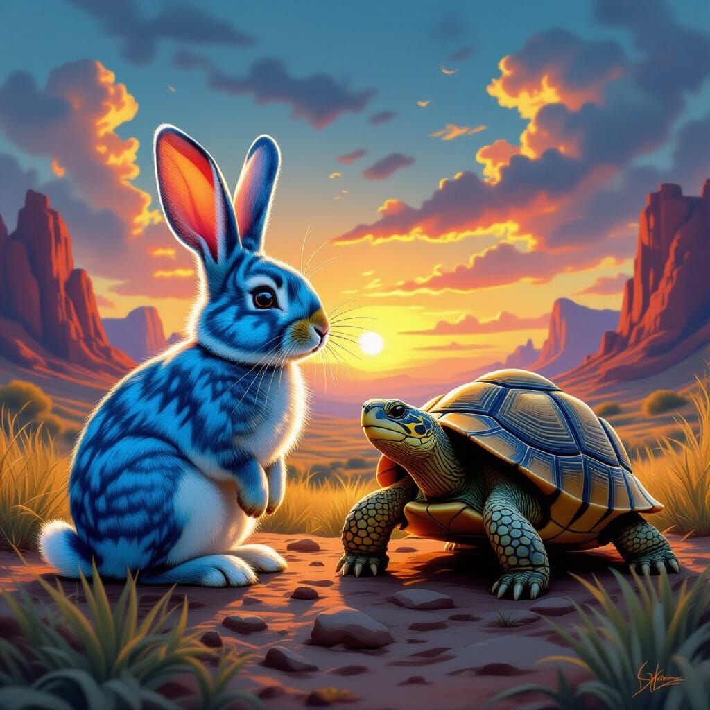 Rabbit and Tortoise: Fantasy Split Portrait