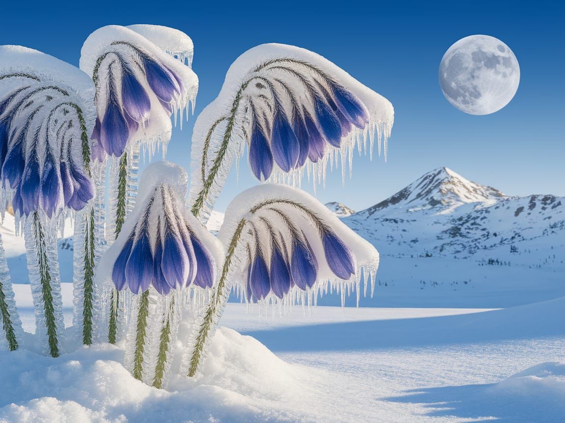 Serene Winter Landscape with Pulsatilla Flowers