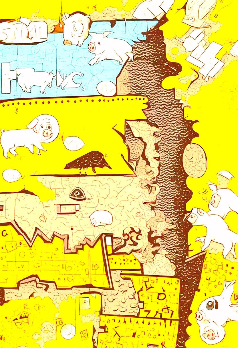 Small Pigs and Latin Letters in Detailed Comic Style