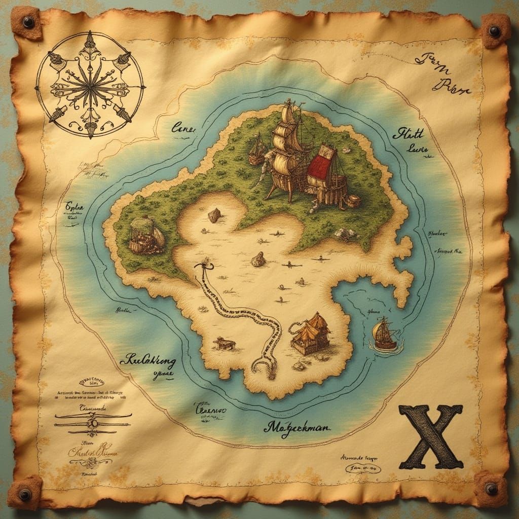 17th Century Pirate Treasure Map with X Marks the Spot