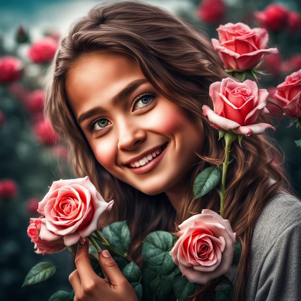 Gorgeous Girl with Roses in Hyperrealistic Style