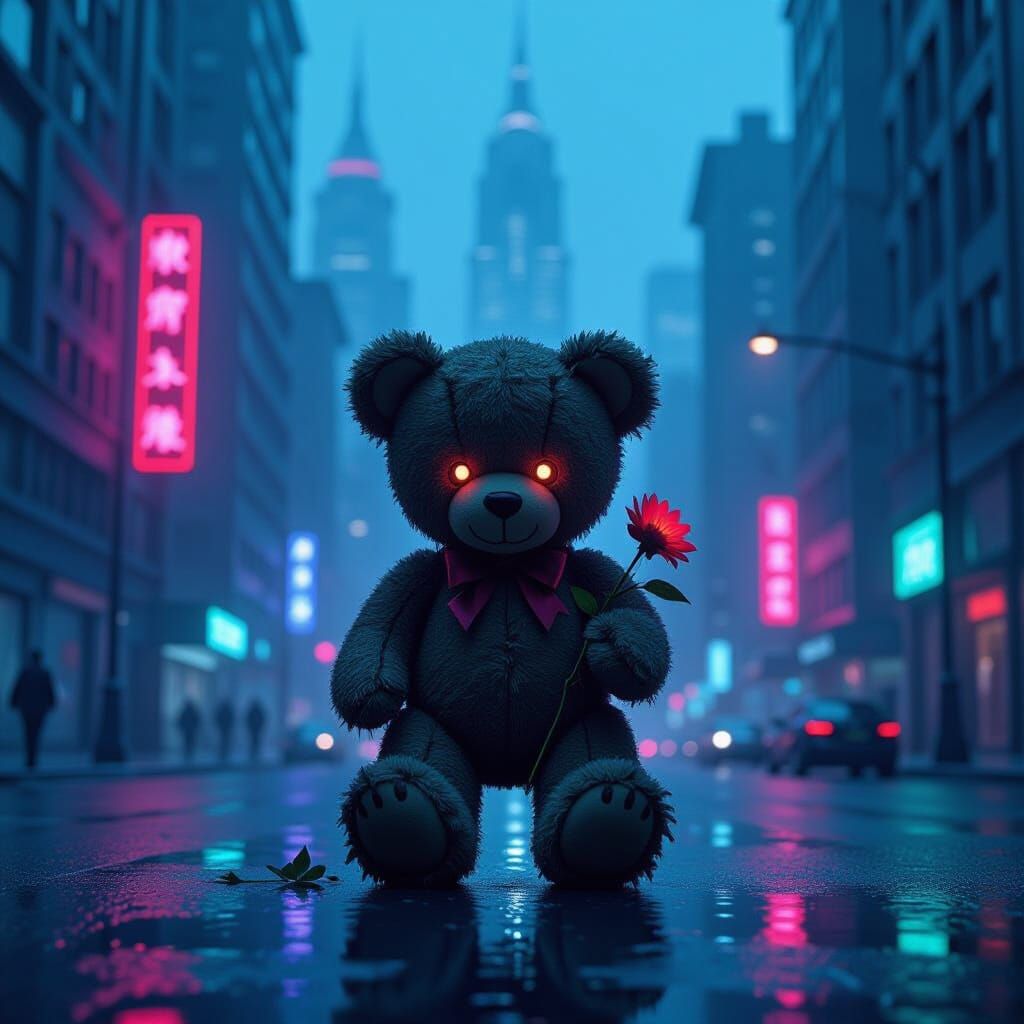 Tattered Teddy Bear on Neon Street: Dystopian Metropolis Art