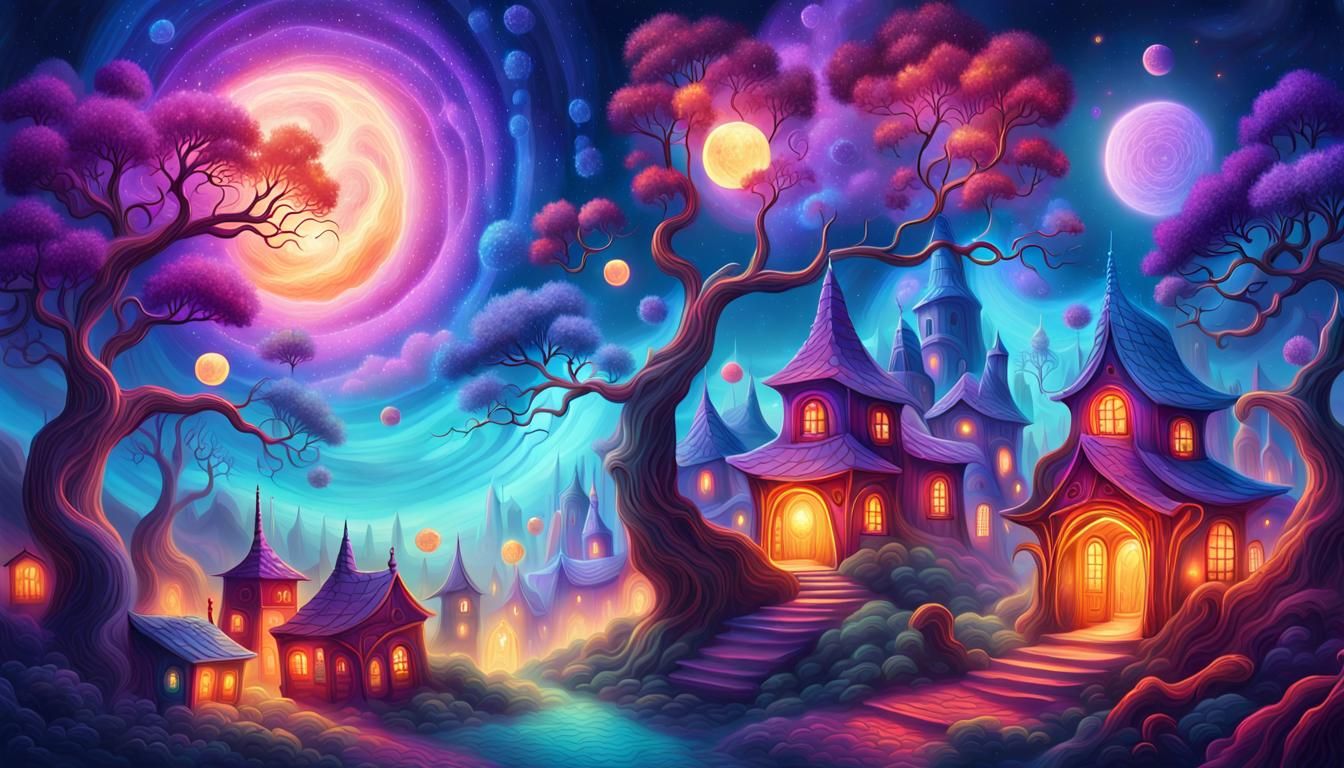 Glowing Village in Starry Night: Astral Cosmic Illustration