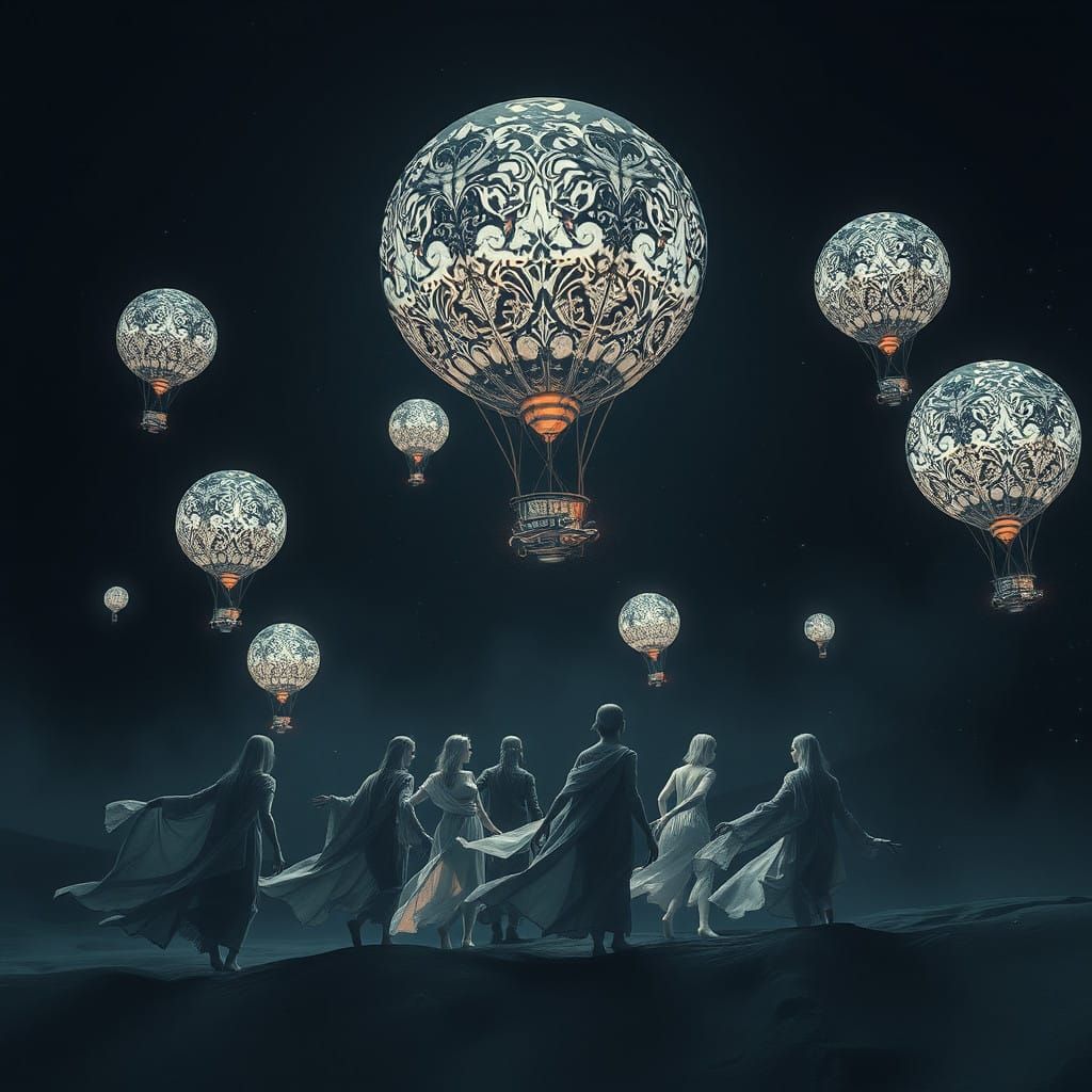 Cosmic Balloon Beings in Dark Fantasy Watercolor Style