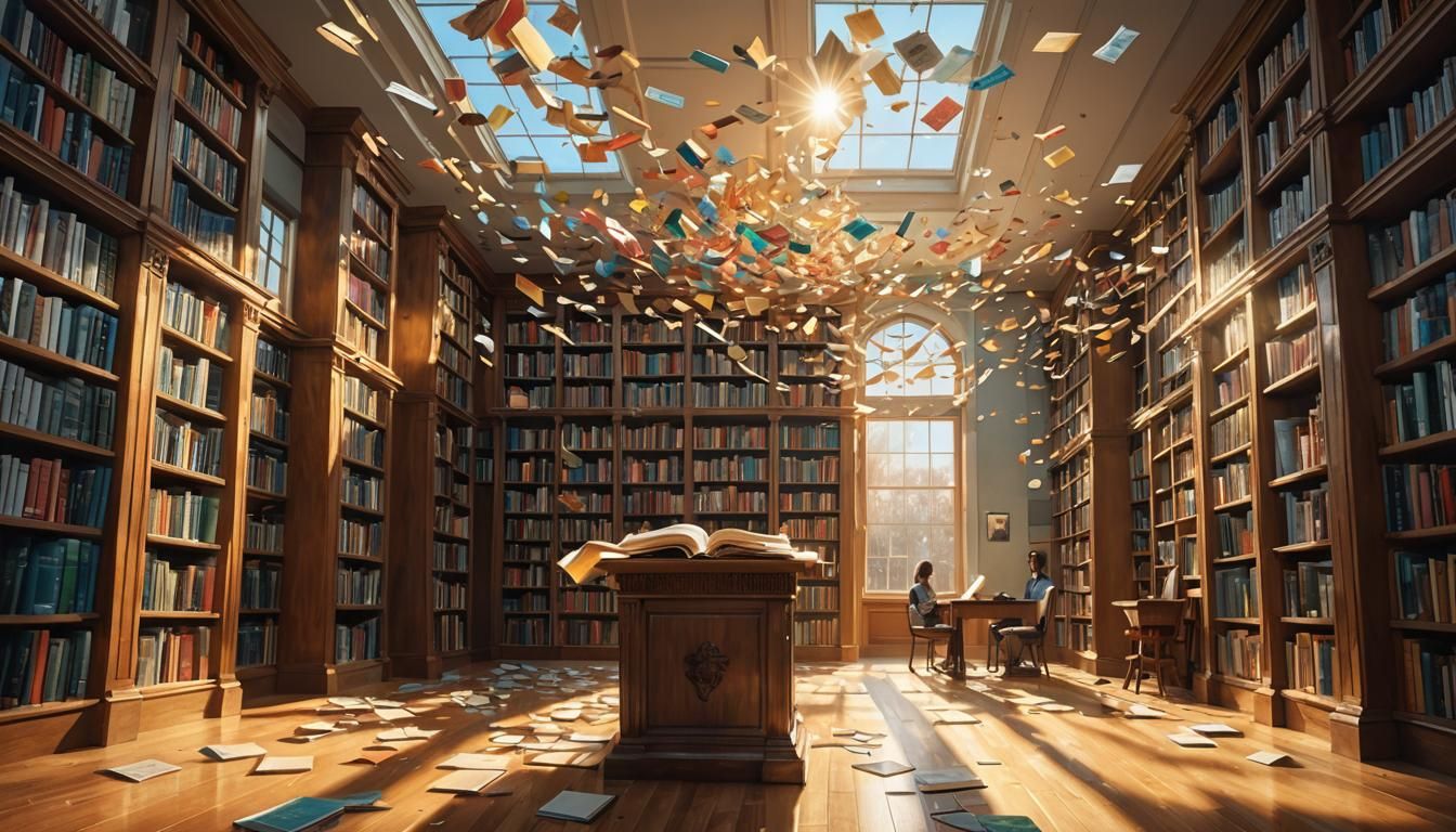 Toronto Library with Flying Books in Sunlight