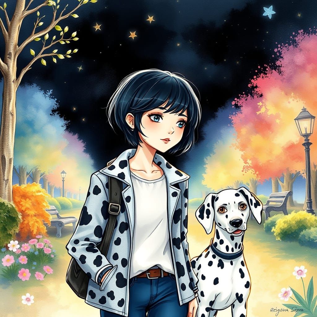Woman and Dalmatian in Spotted Jacket, Whimsical Watercolor ...