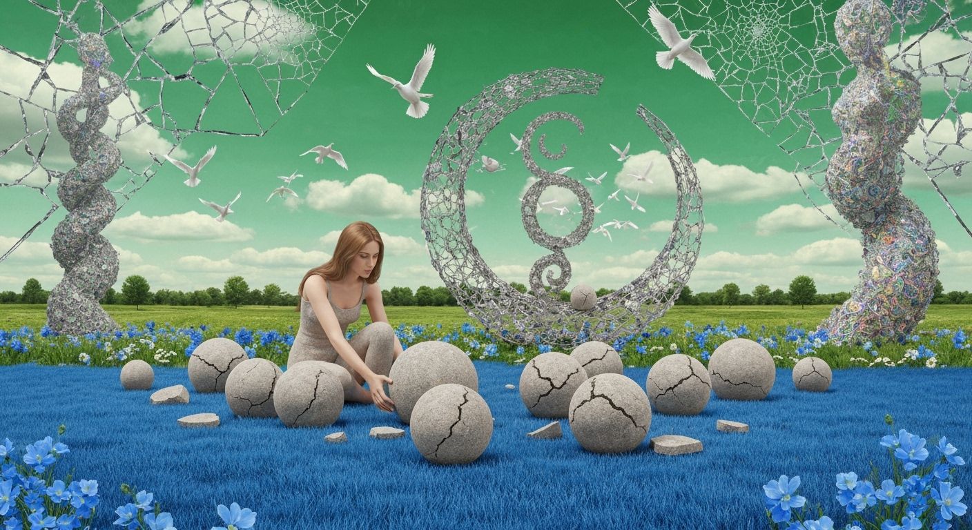 Surreal Green Sky Landscape with Blue Flowers and Woman