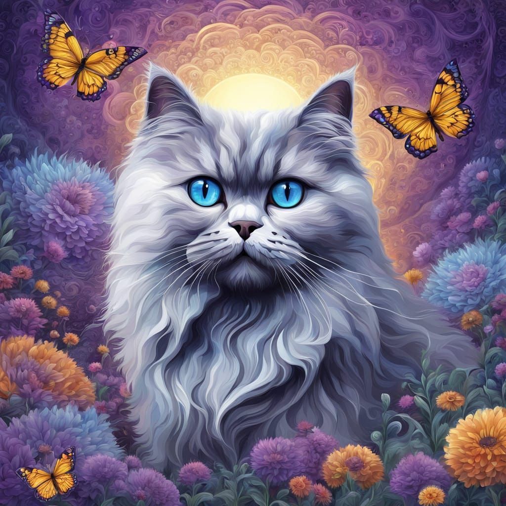 Whimsical Grey Persian Cat in a Vibrant Garden