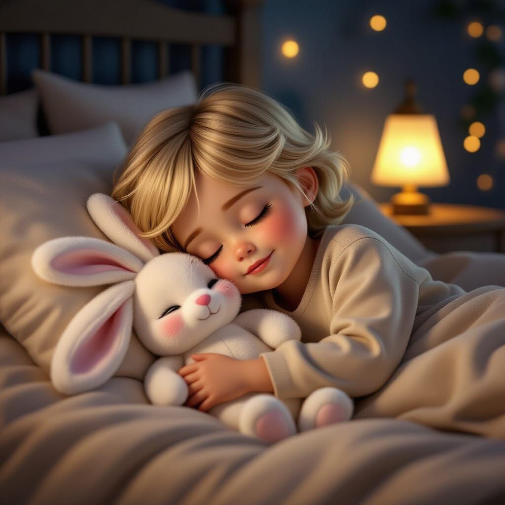 Cozy Bedroom Scene: Sleeping Child with Plush Bunny