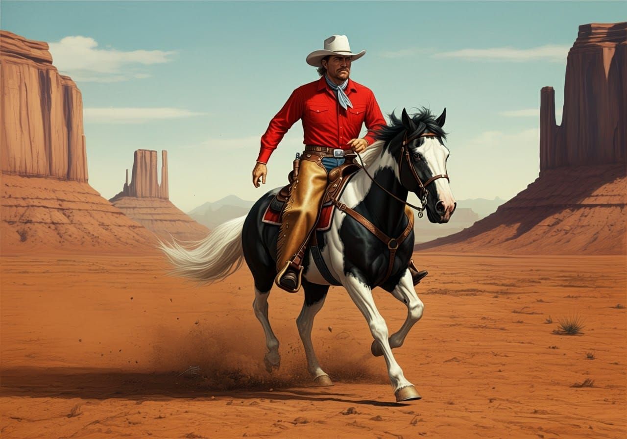 Cowboy Rides Horse Through Desert Canyon Comic Art