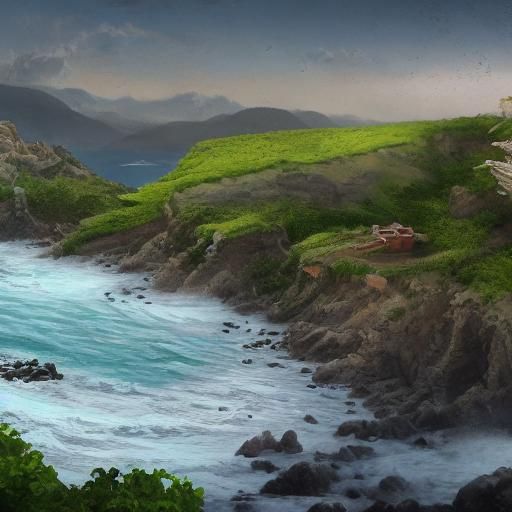 Verdant Mountain Town Beach Landscape in Detailed Matte Pain...