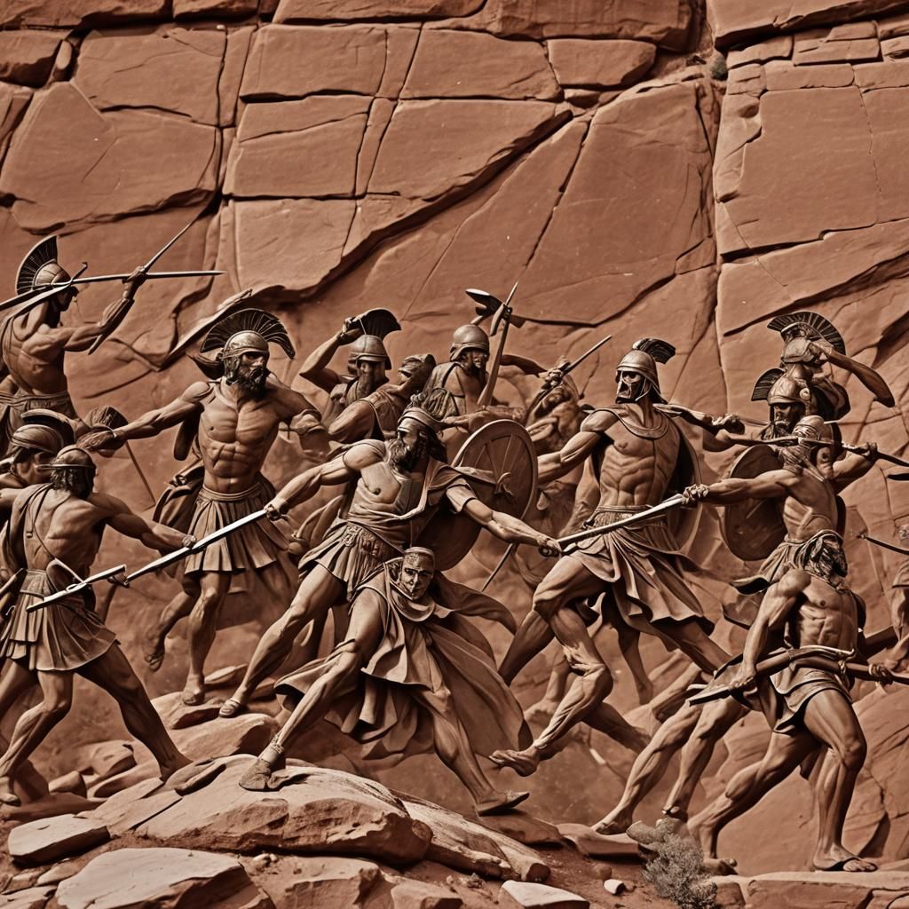Epic Greek War on Red Rock Landscape