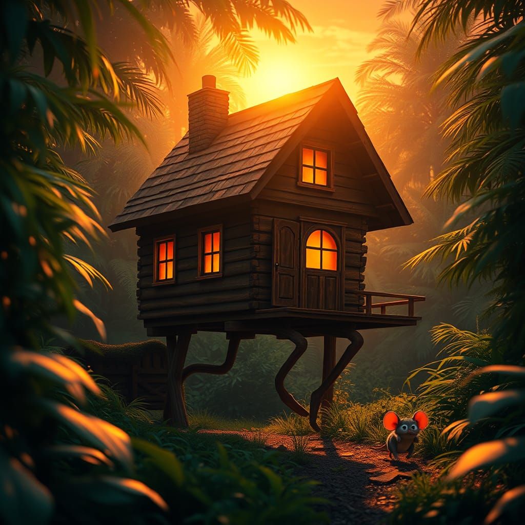 Whimsical House Chases Mouse in Jungle Sunset