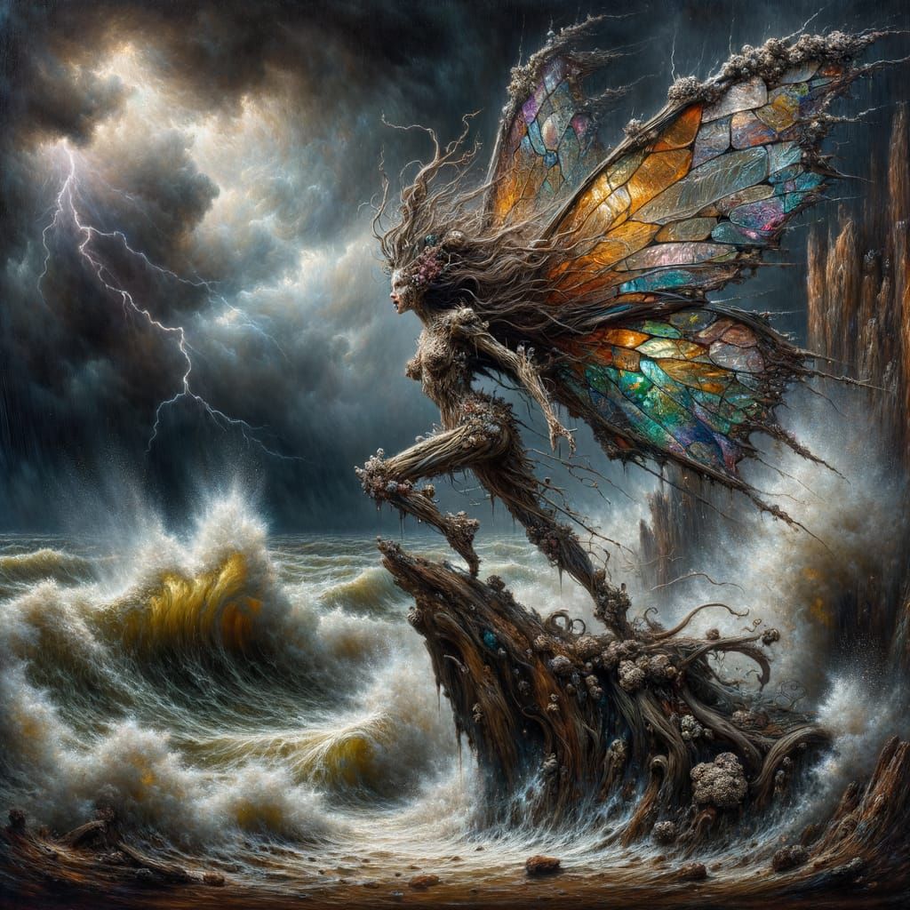 A storm-forged fairy, her body sculpted from twisted driftwood and barnacles, wings resembling shattered stained glass r...
